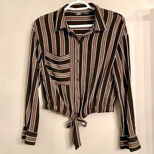 Zara Striped, Button Down, Front Tie Cropped Shirt